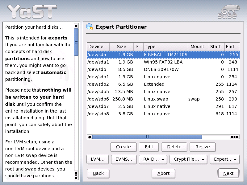 The YaST Partitioner in Expert Mode