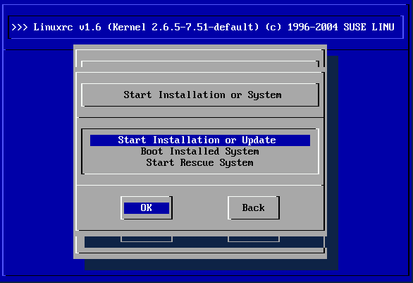 The linuxrc Installation Menu