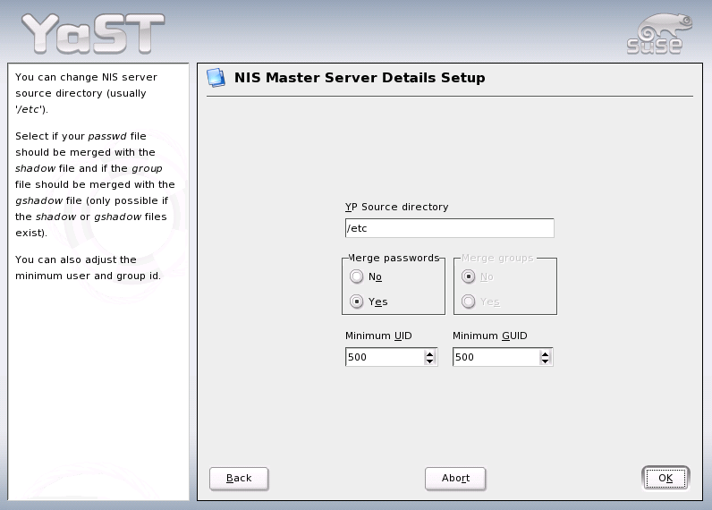 YaST: Changing the Directory and Synchronizing Files for a NIS Server