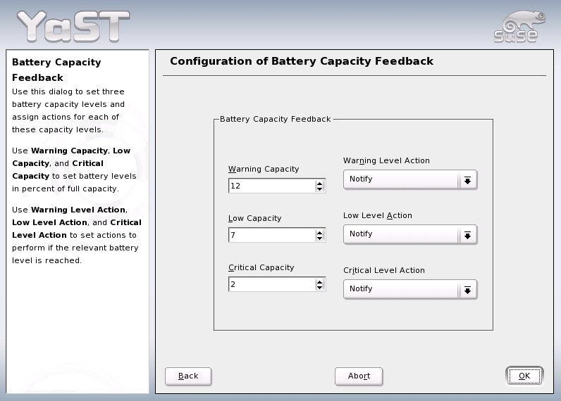 YaST Power Management: Battery Charge Level