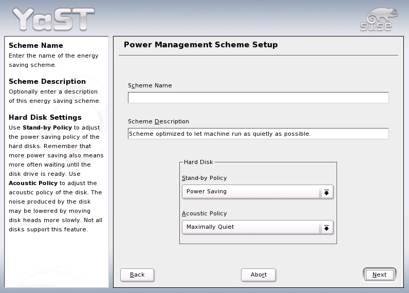 YaST Power Management: Adding a Scheme