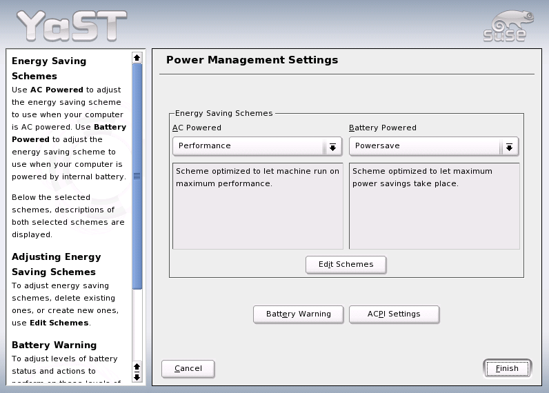 YaST Power Management: Scheme Selection