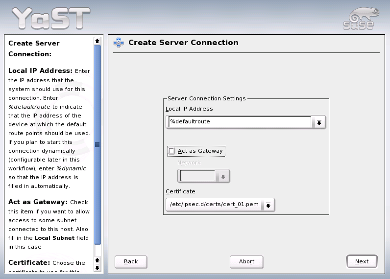 YaST VPN Module — Connection Settings