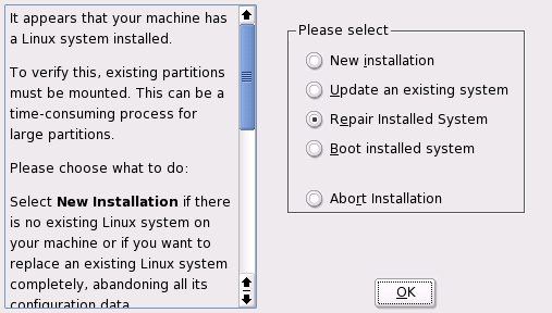 Selecting the YaST System Repair Utility
