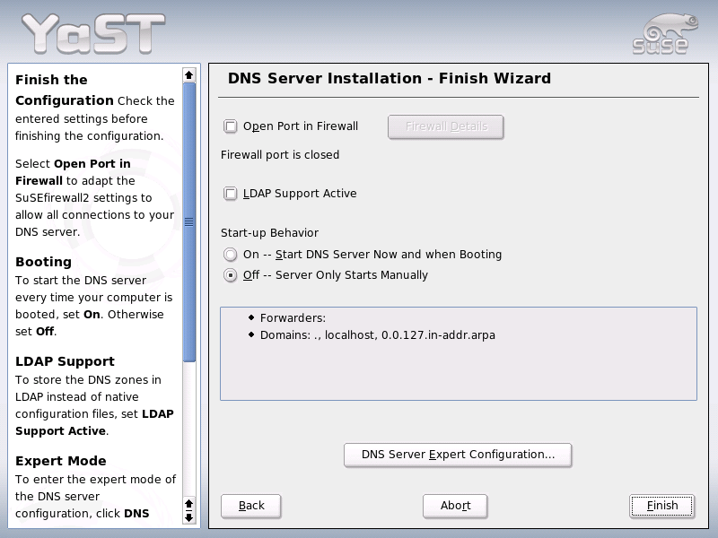 DNS Server Installation: Finish Wizard